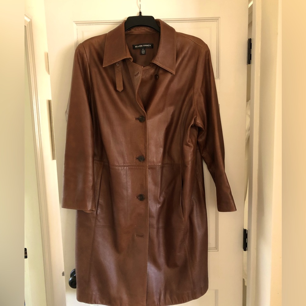 Ellen Tracy brown leather coat.